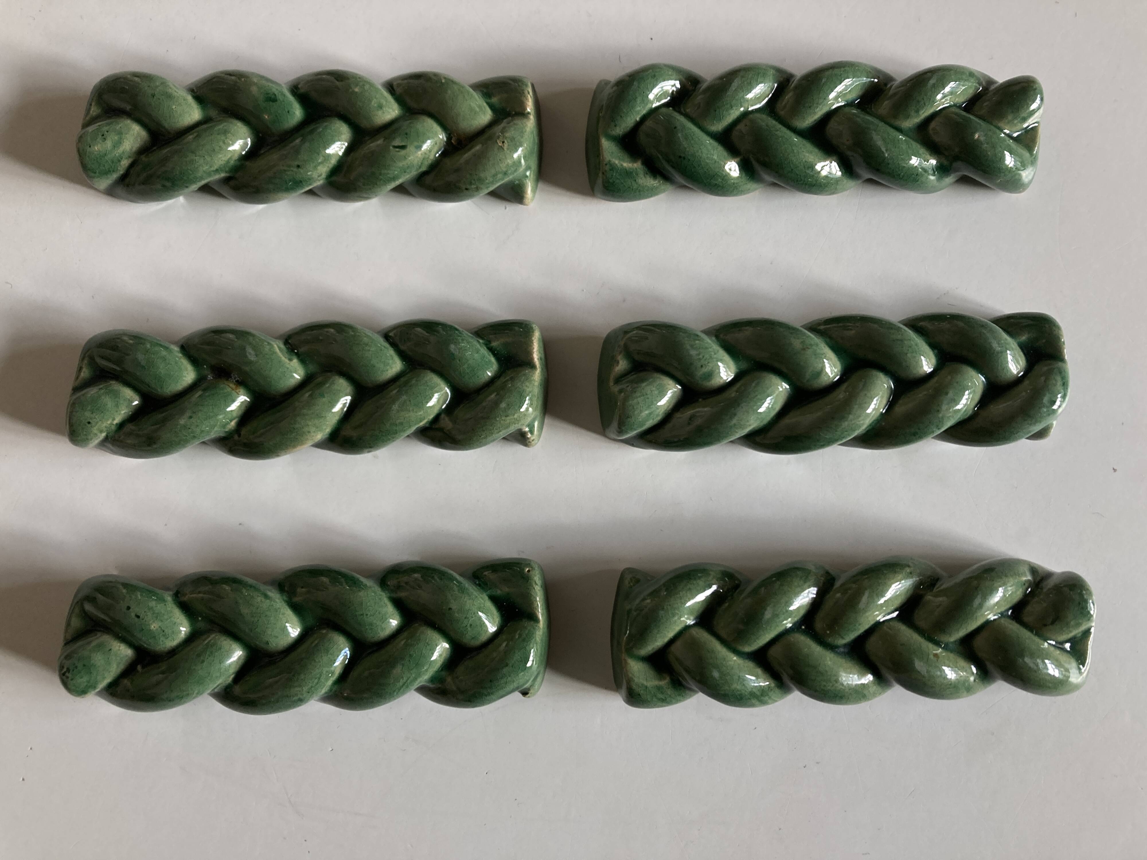 Set of 6 braided knife holders in green glazed earth