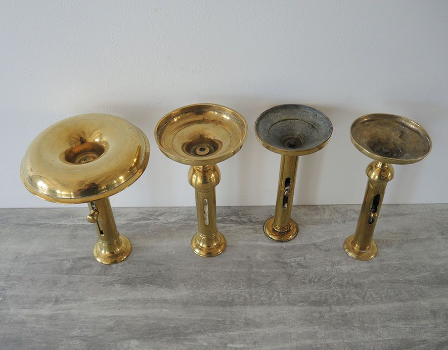 Set of 4 Old Brass Pusher Candle holders