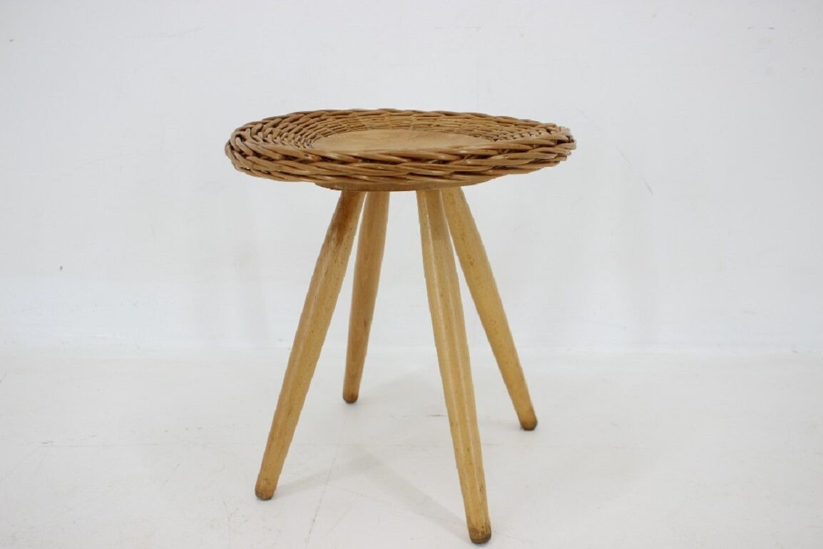 1970 Jan Kalous Beech an Rattan Side Table by ULUV,Czechoslovakia