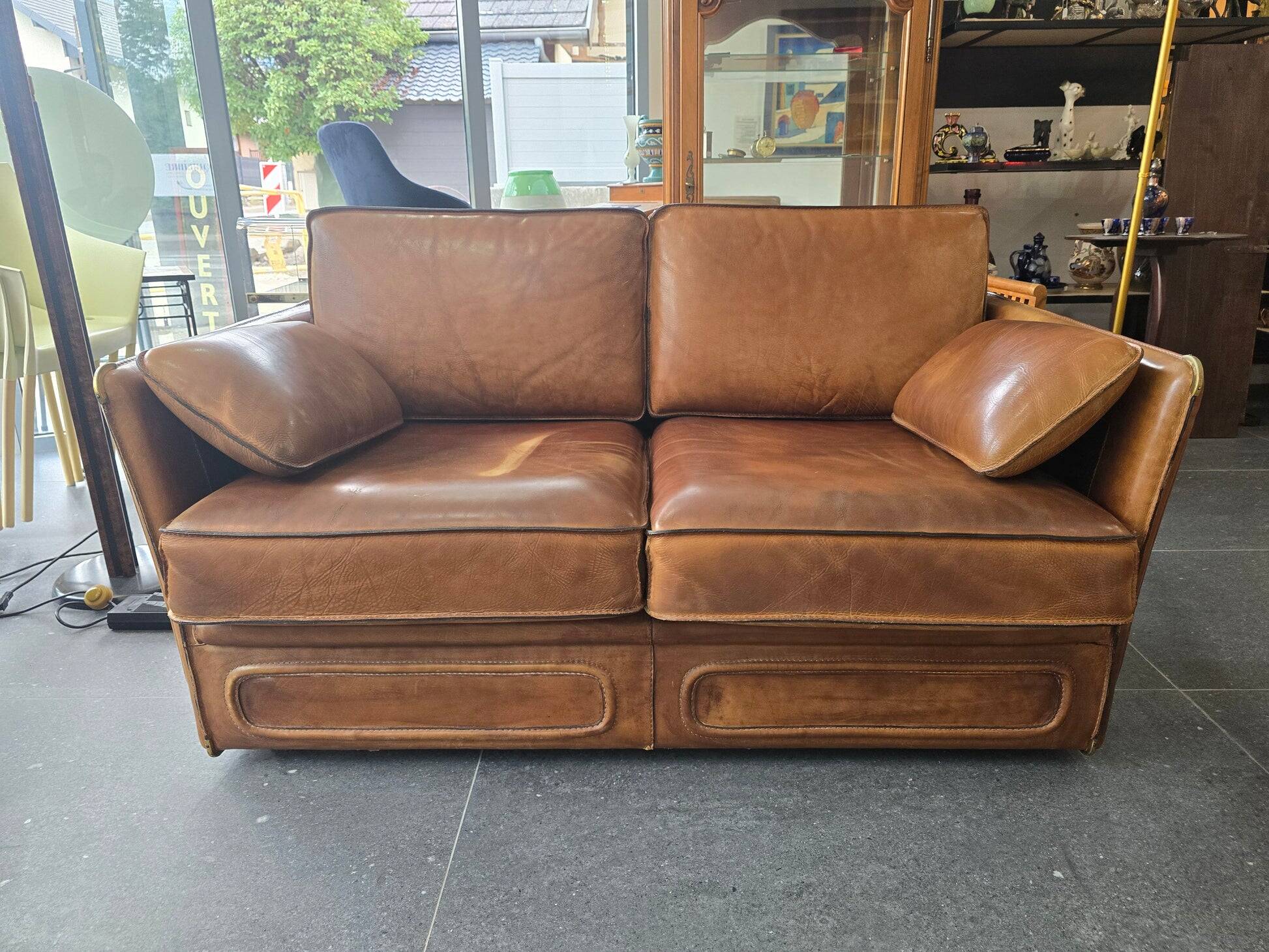 Roche Bobois vintage lounge from the 80s – cognac buffalo leather – 2 sofas + pouf