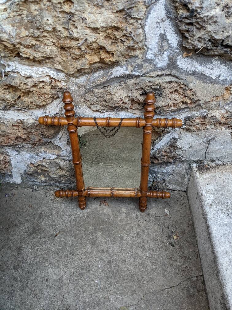 Vintage mirror with bamboo effect wood, country decor, flea market, chain