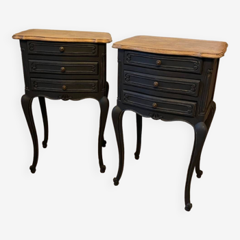 Pair of Louis XV style bedside tables with matt black patina