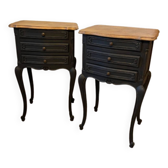 Pair of Louis XV style bedside tables with matt black patina