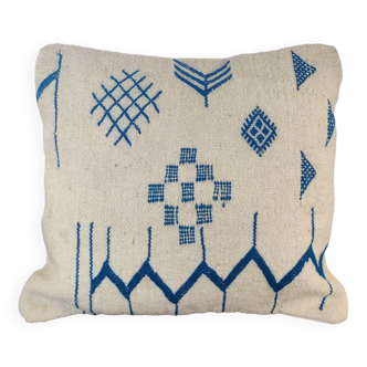 Coussin marocain tribal blanc bleu