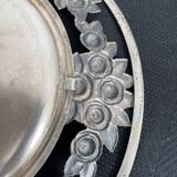 Vintage, round dish, silver metal, stylized leaf and rose decoration, French work, France