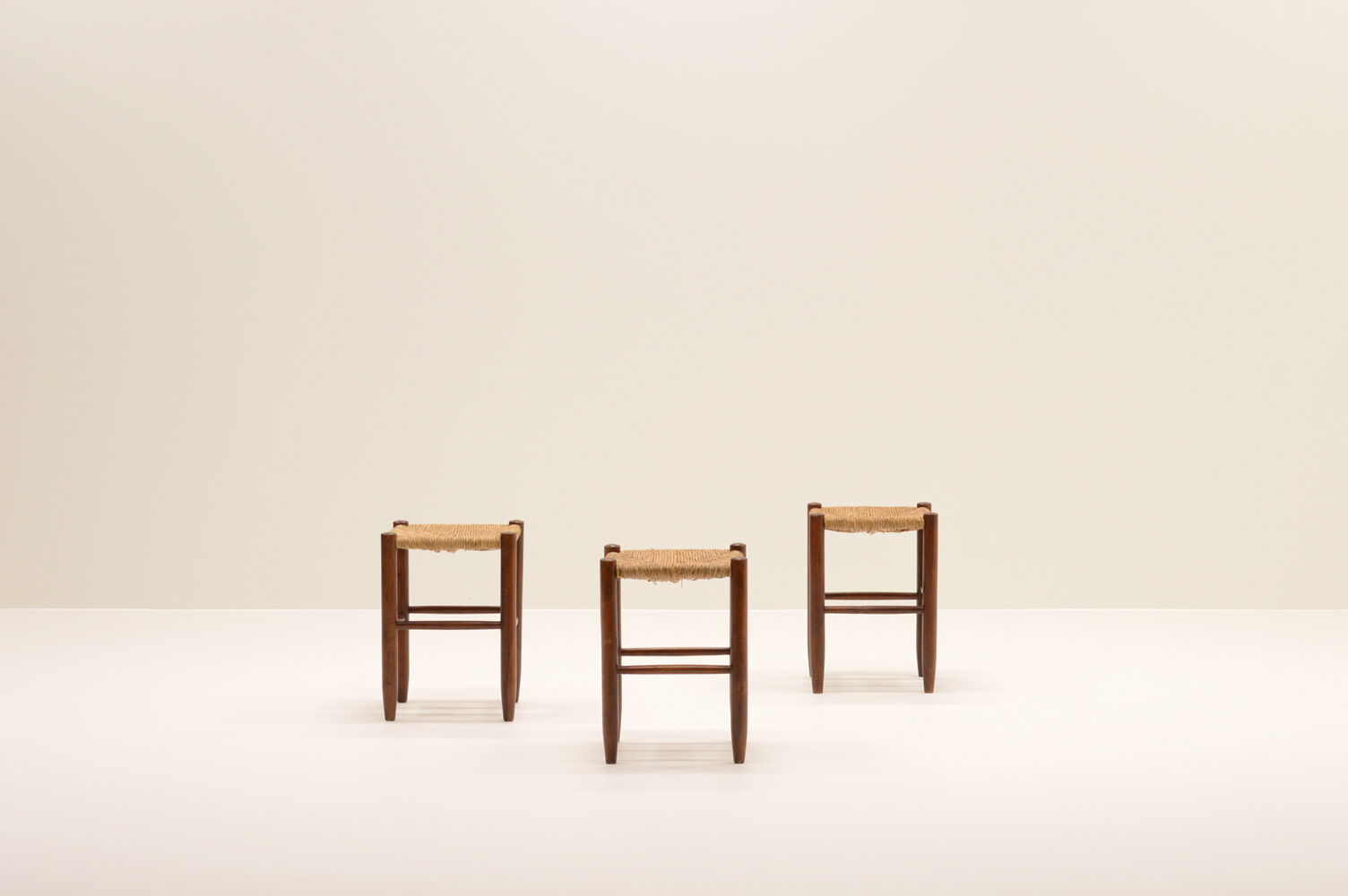 Set of 3 brutalist rush stools, French 70s.