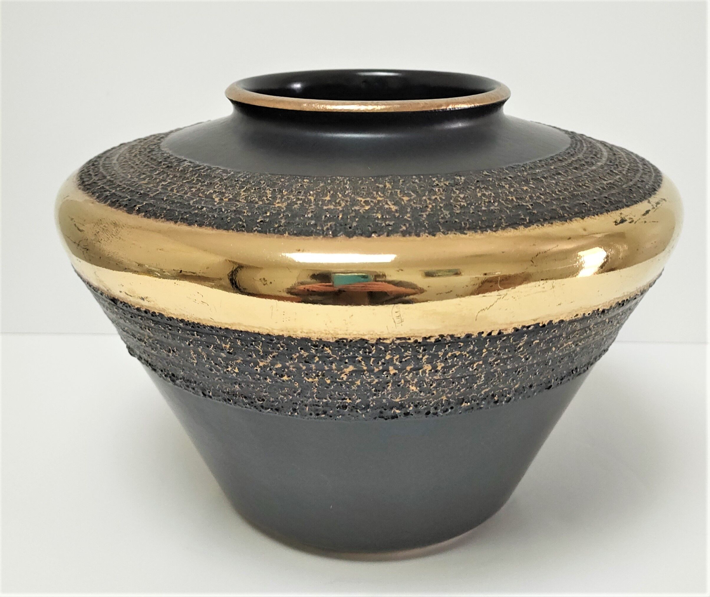 Black and gold ceramic vase west germany vintage design