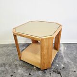 80s Octagonal Wood Accent Table with Glass Top on Casters