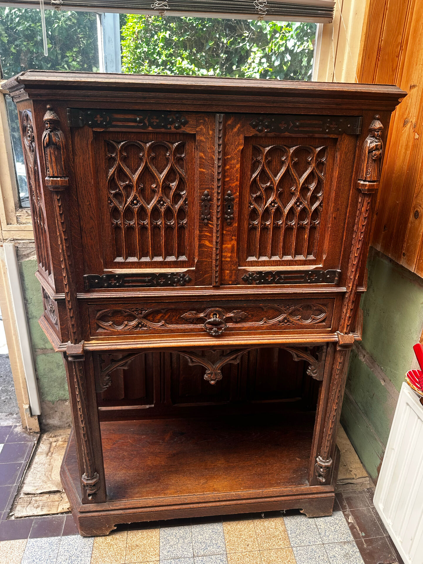 Gothic Buffet Cabinet in Carved Oak, 19th Century