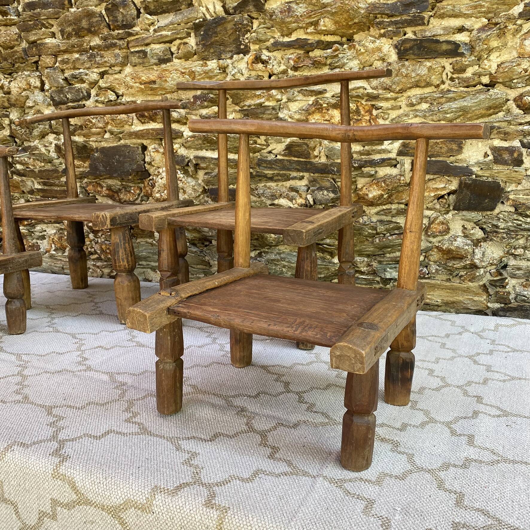 Ancient Baoulé African chairs in carved wood, Wabi-Sabi.
