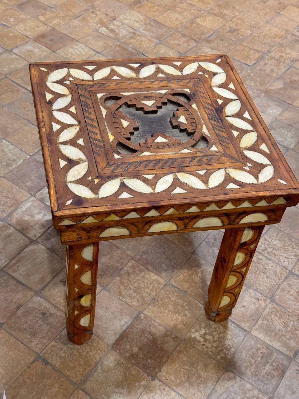 Moroccan camel bone marquetry wooden table for bedroom or living room