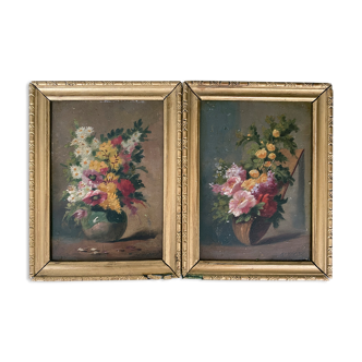 Pendant de tableaux XIX° "Bouquets de fleurs" signés Savigny + cadre