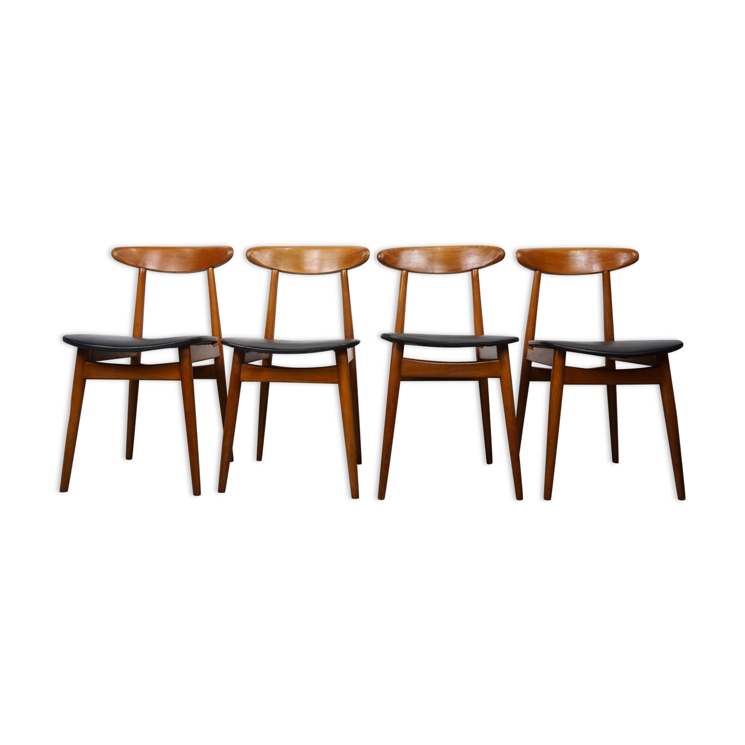 Set of 4 chairs 60s in teak and black leatherette