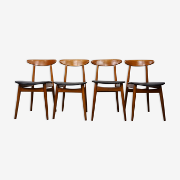 Set of 4 chairs 60s in teak and black leatherette