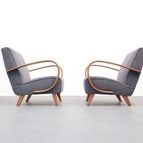 Jindrich Halabala armchair in curved wood, gray bouclette, 1930