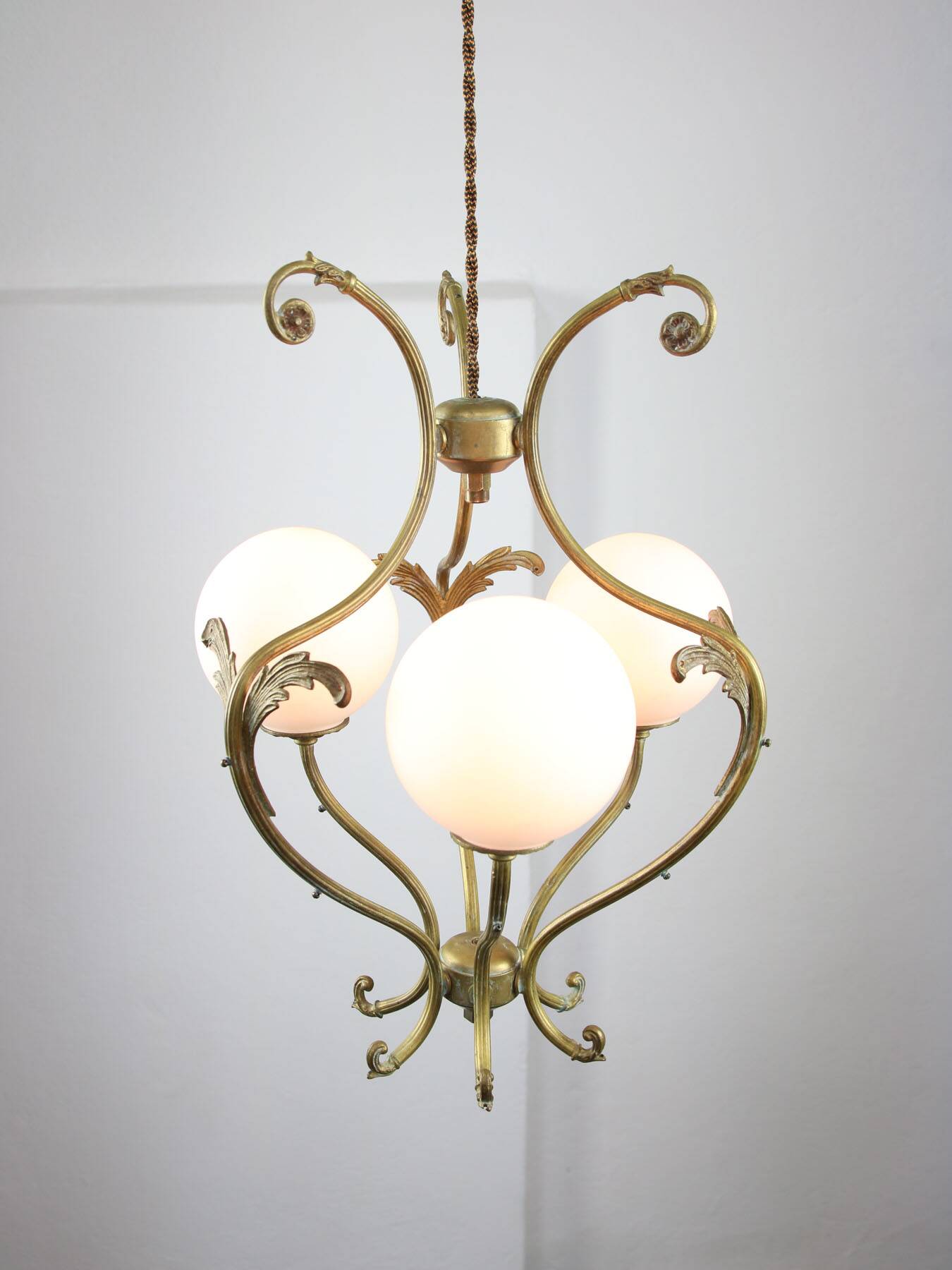 Antique Italian Brass and Opaline Chandelier