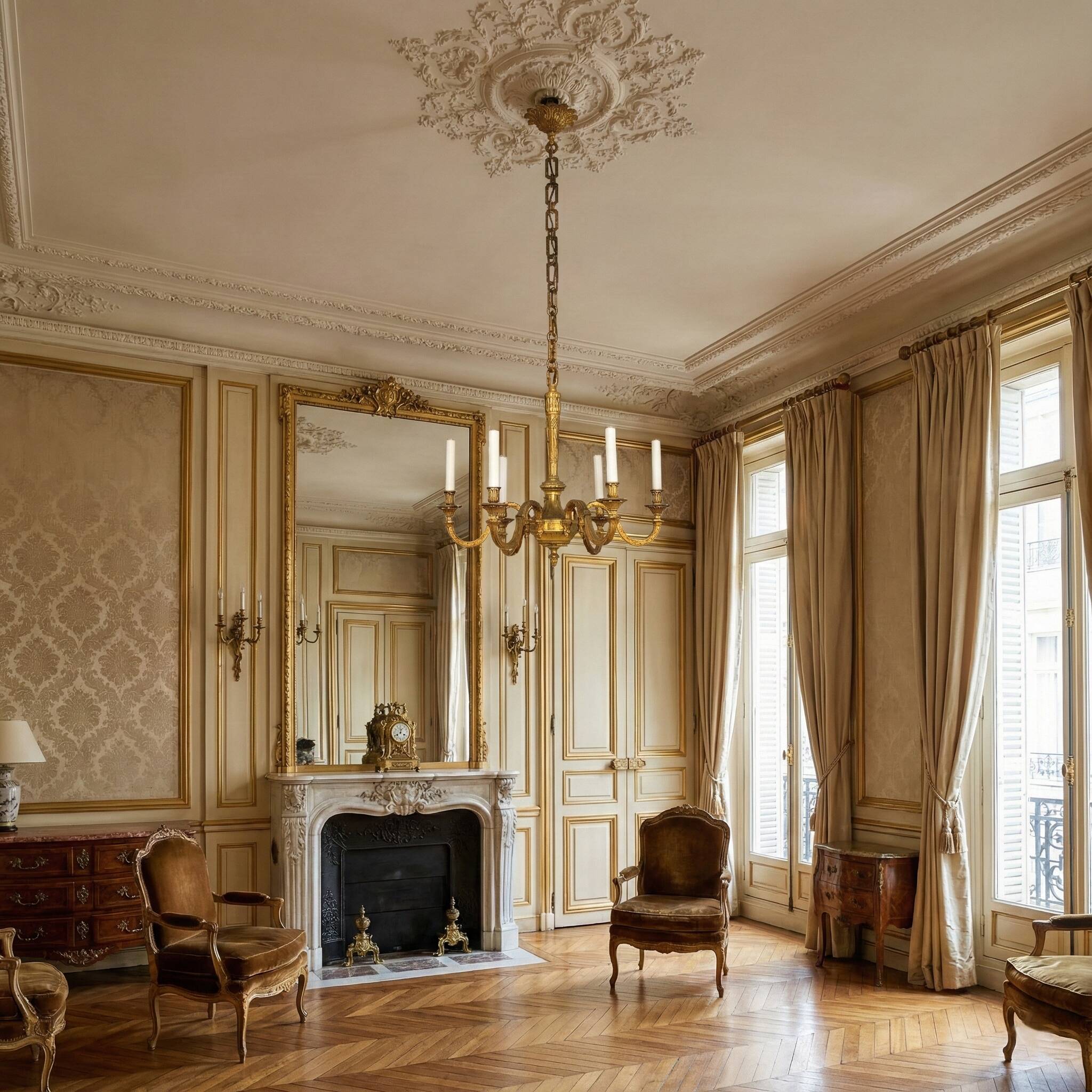 Important six-light chandelier in chiselled gilded bronze, Empire, 19th century