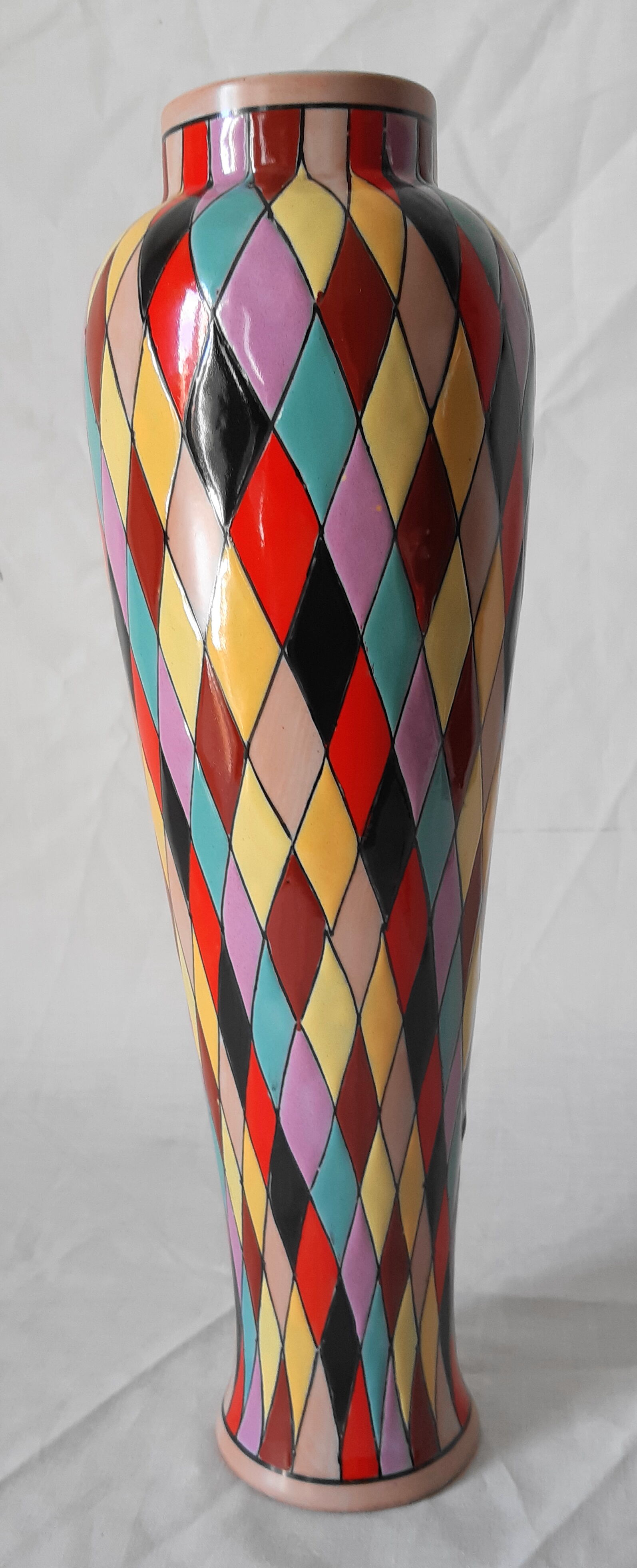 Italian ceramic vase with harlequin decor from the 50s