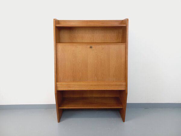 Meuble secrétaire bibliothèque de rangement vintage en bois de chêne