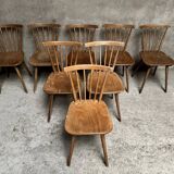 Série Lot de 8 anciennes chaises bistrot dlg scandinave en bois dossier cintré et barreaux