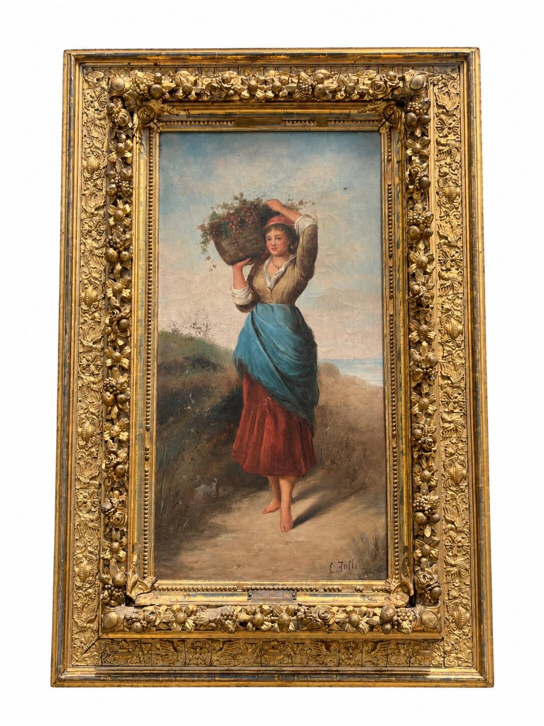 Ernesto Jolli – Oil on canvas 19th century – Young woman with a basket of flowers