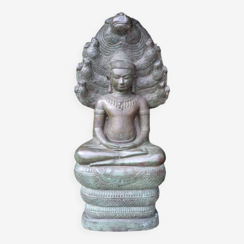 Bouddha en bronze protégé par le nâga Mucilinda .XXème