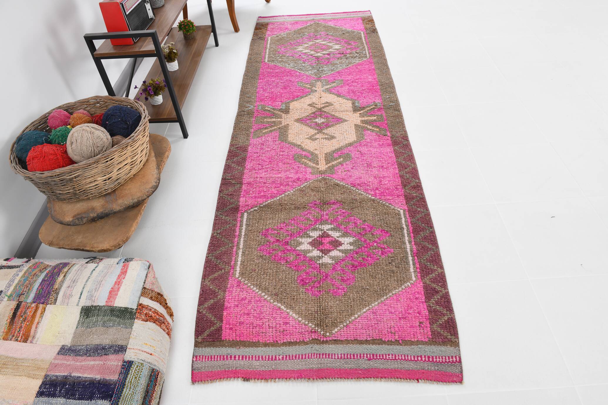 Pink Brown Vintage Runner Rug 94x299Cm