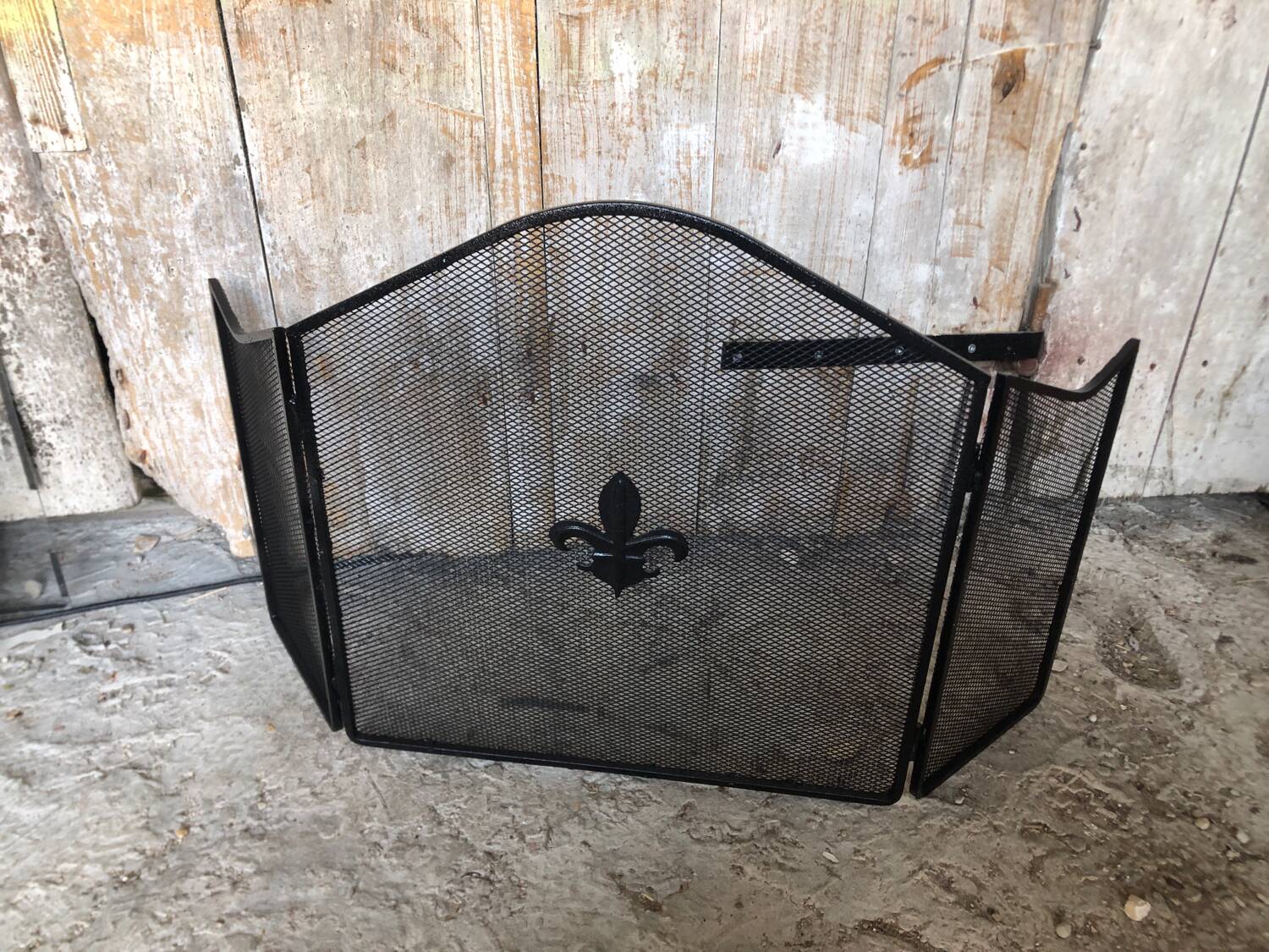 Grilled Fire Screen Fireplace 3 Shutters Black Metal Fleurs De Lys Vintage #A344