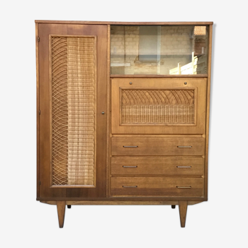 Armoire bois et rotin avec secrétaire et dressing - vintage 1960