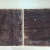 Antique tapestries framed in repoussé brass.