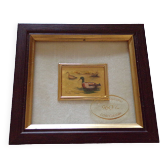 Small art chromolithograph painting Duck on gold leaf