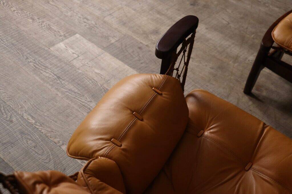 Jangada lounge chair with ottoman in cognac leather by Jean Gillon, Brazil, 1960s