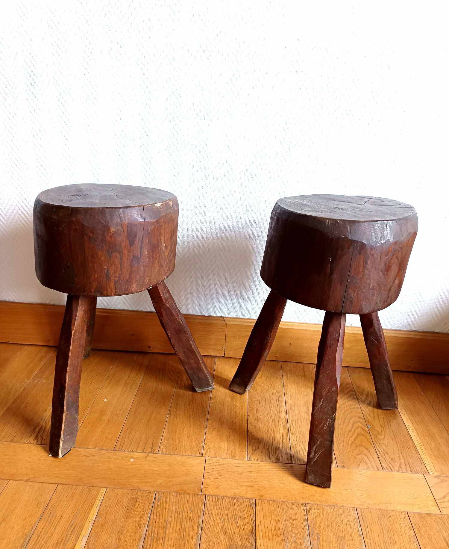 Pair of Brutalist wooden stools, circa 1960