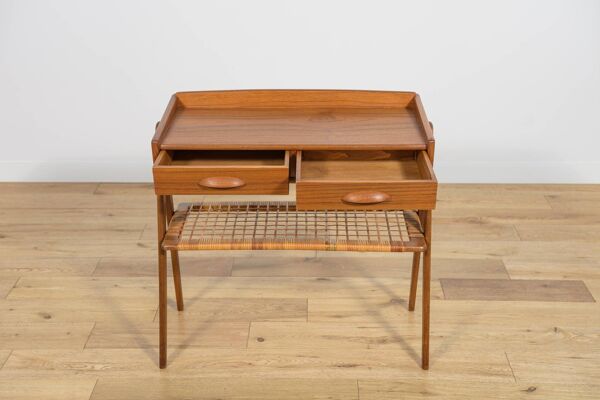 Table console en teck et rotin du milieu du siècle par Søren Rasmussen, Danemark, 1960