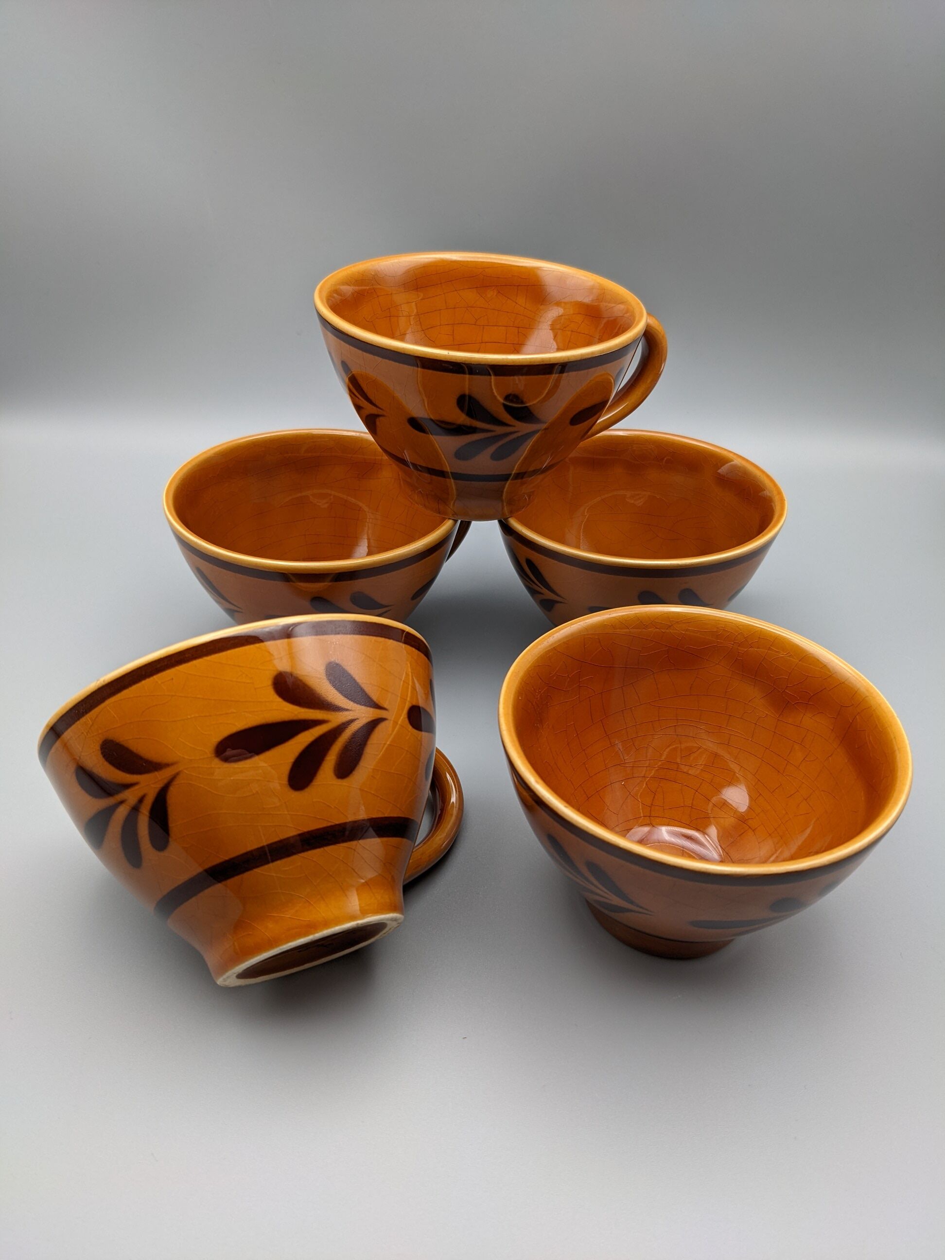 Set of 5 cups or cracked ceramic cider bowl argoat gourin bretagne