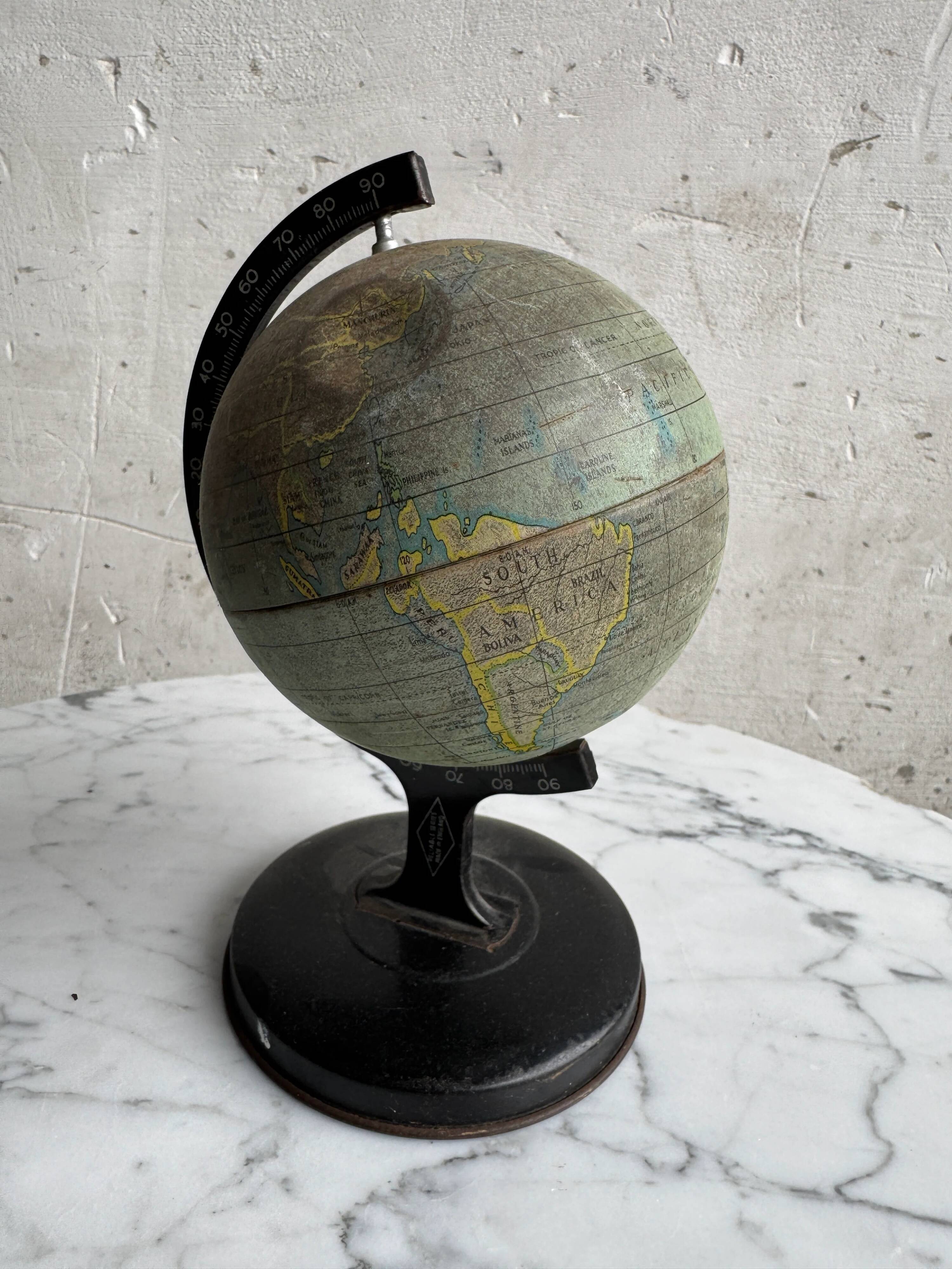 Miniature Green Paper-Covered Globe with Metal Base and Meridian — Made in England