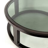 Italian Vintage Large Round coffee table in wood and fume glass. 1970s