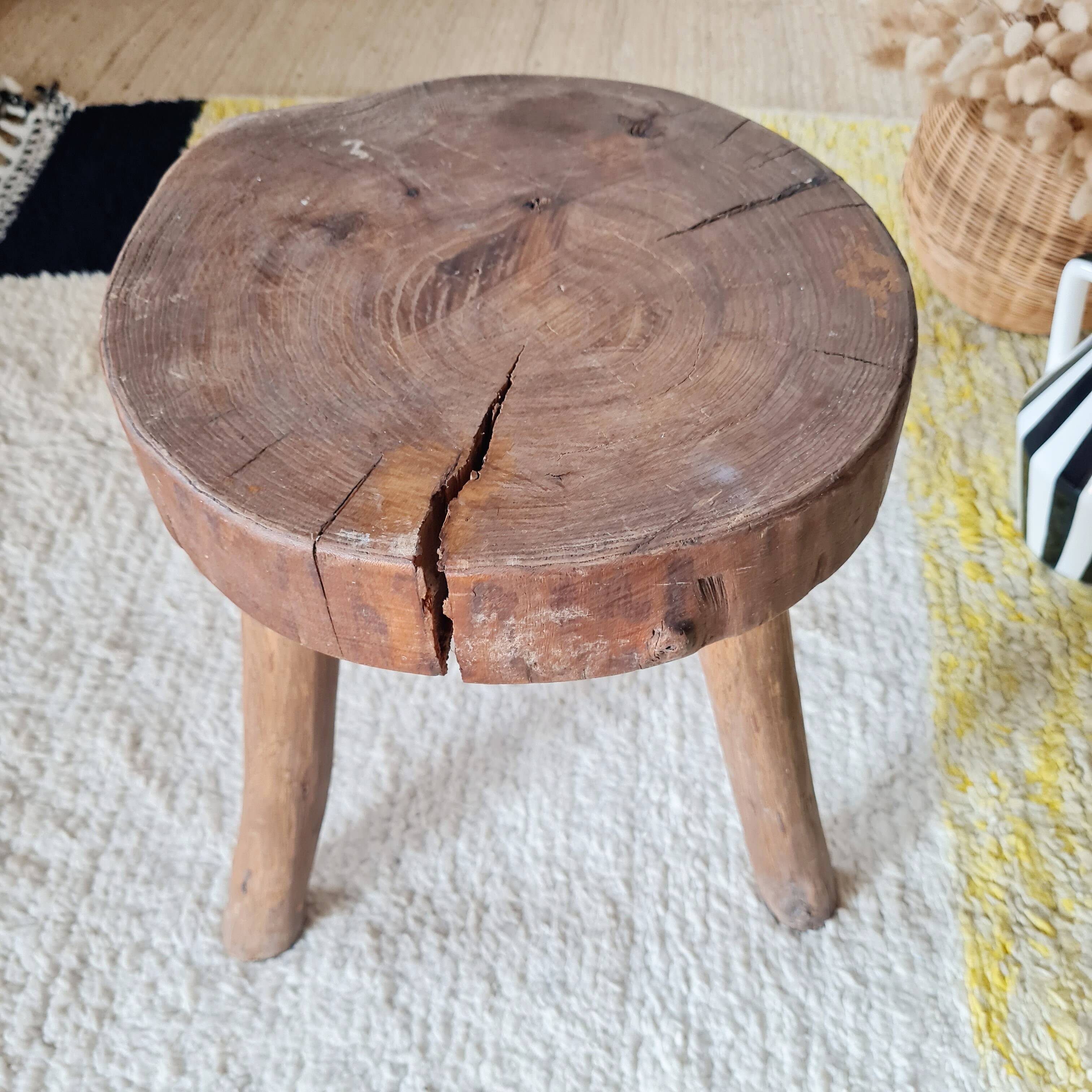 Small stool / antique stool in raw wood – Brutalist spirit
