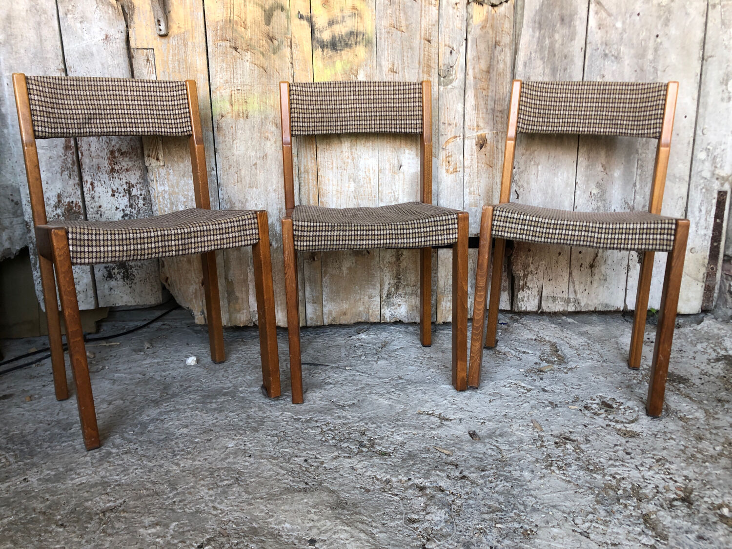 Set of 3 vintage 60s wooden fabric and tile chairs