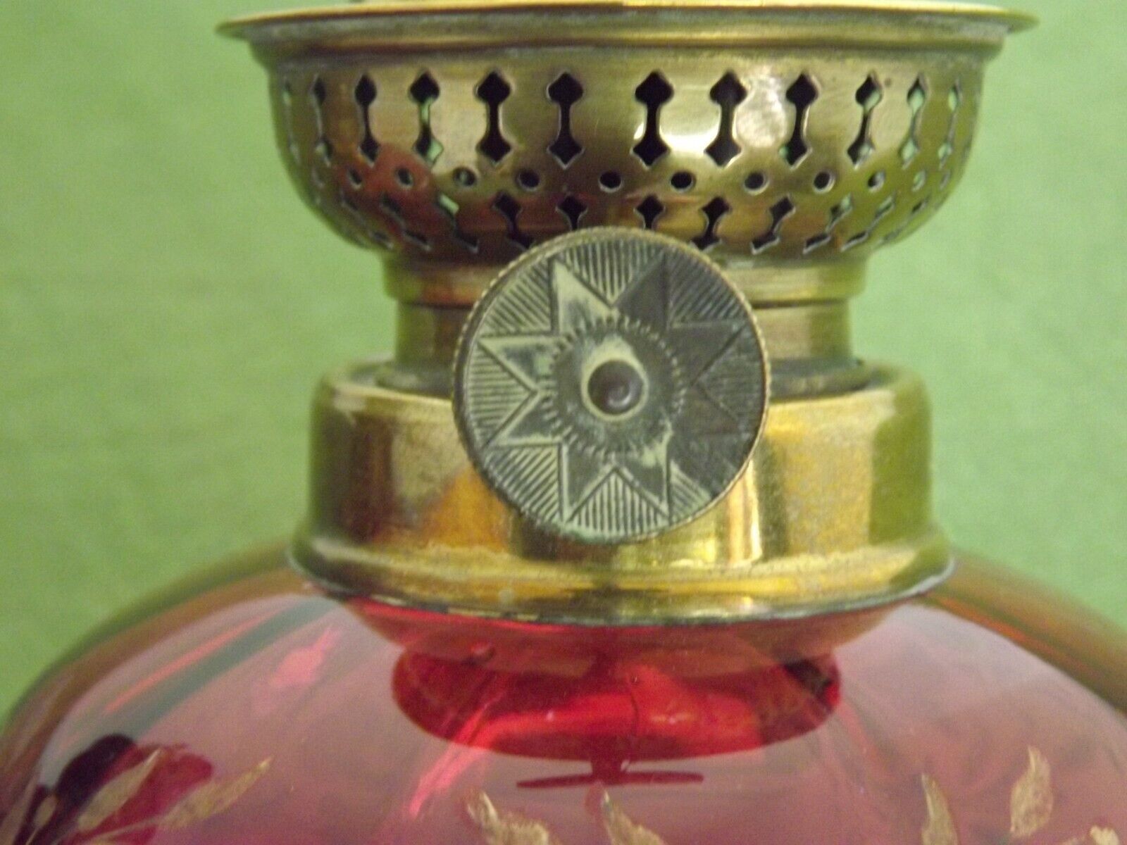 2 French Antique Cranberry Glass Oil Lantern Reservoirs Etched Gold Flowers 3984