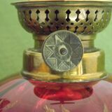 2 French Antique Cranberry Glass Oil Lantern Reservoirs Etched Gold Flowers 3984