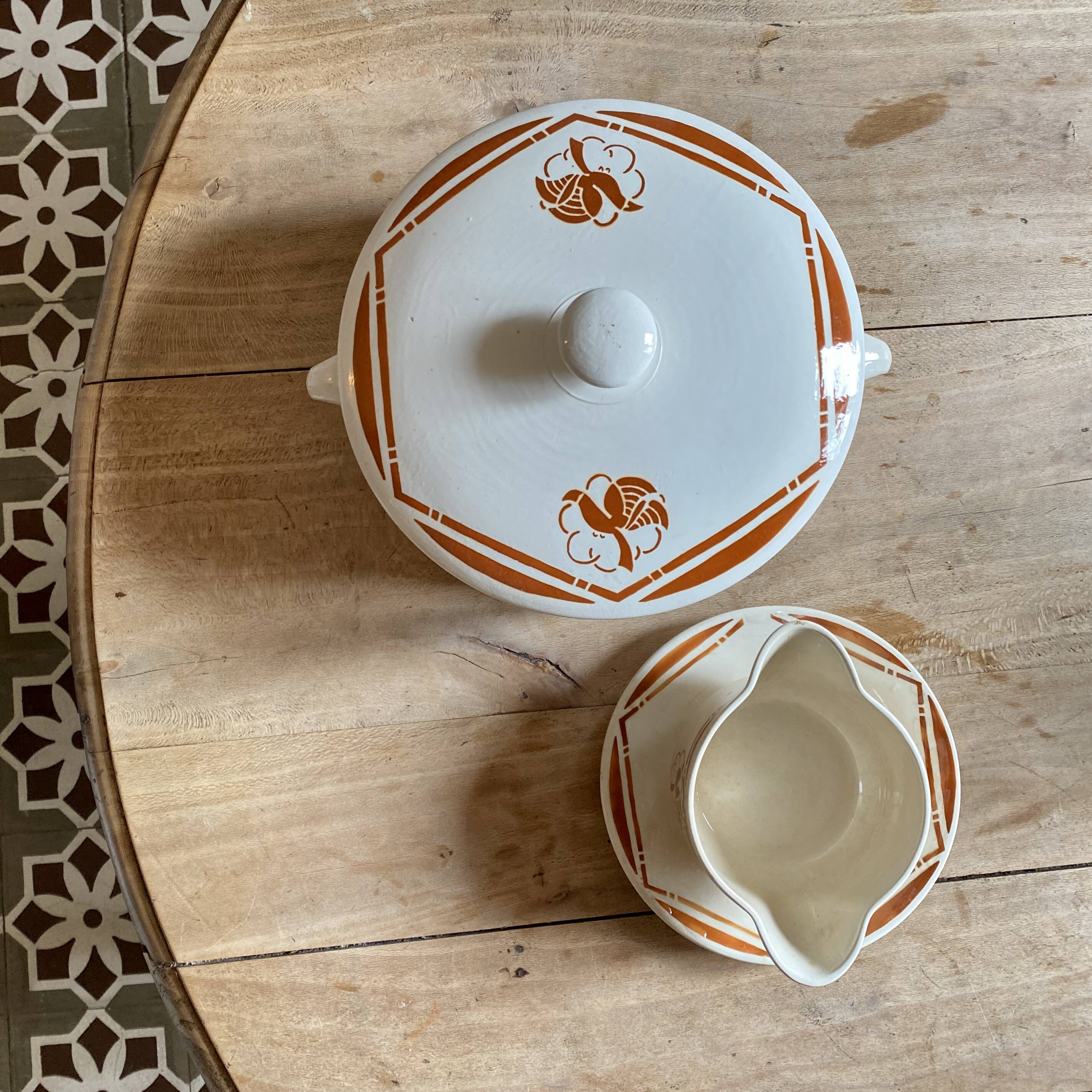 Vintage iron terracotta sauce boat and tureen set, Paradis de Badonvillier model