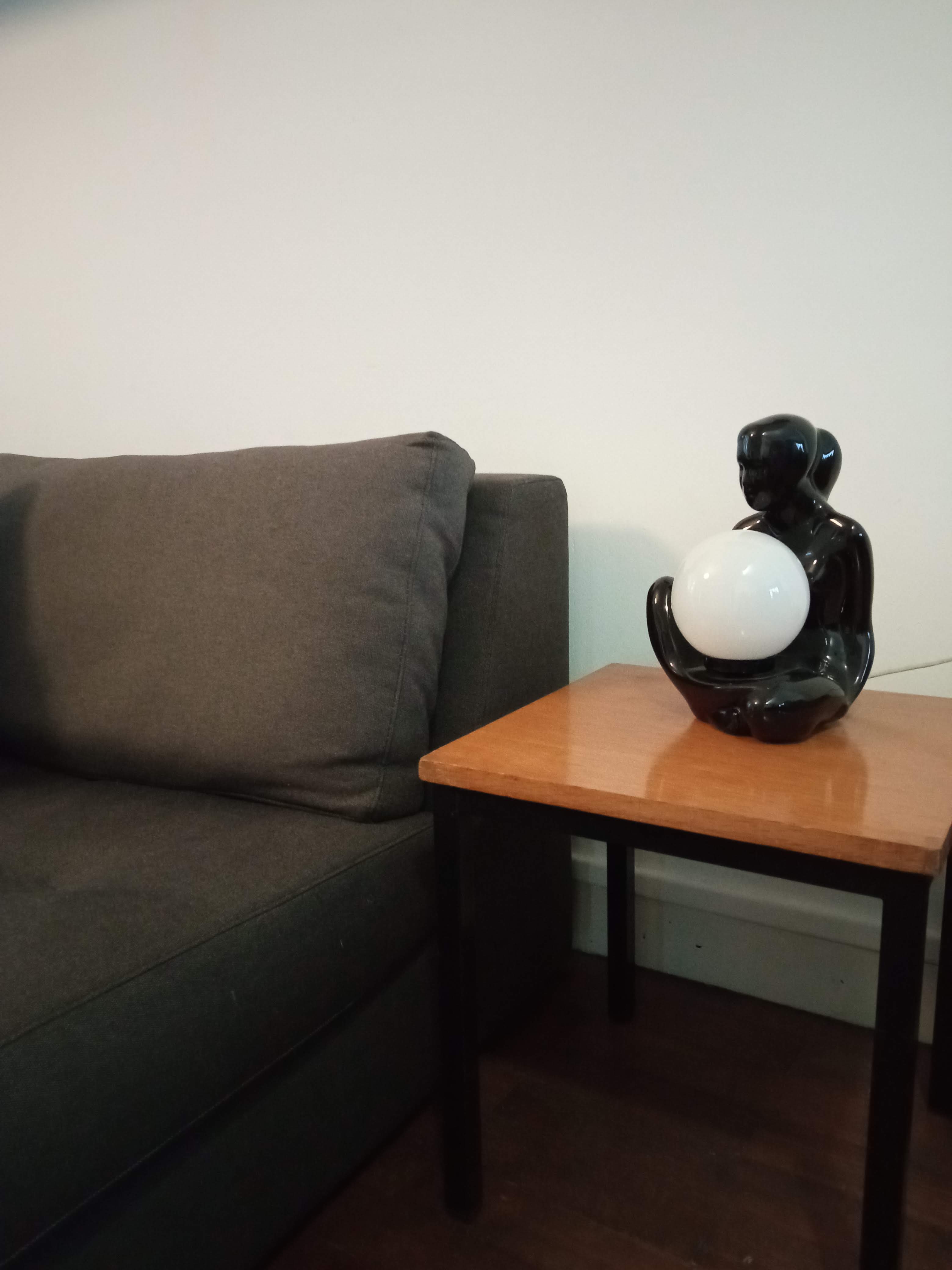 Lamp black ceramic and opaline globe circa 1970