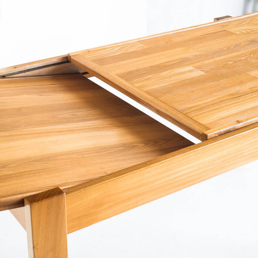 Extendable table and 4 chairs set with a rationalist design in solid elm wood. France, 70's