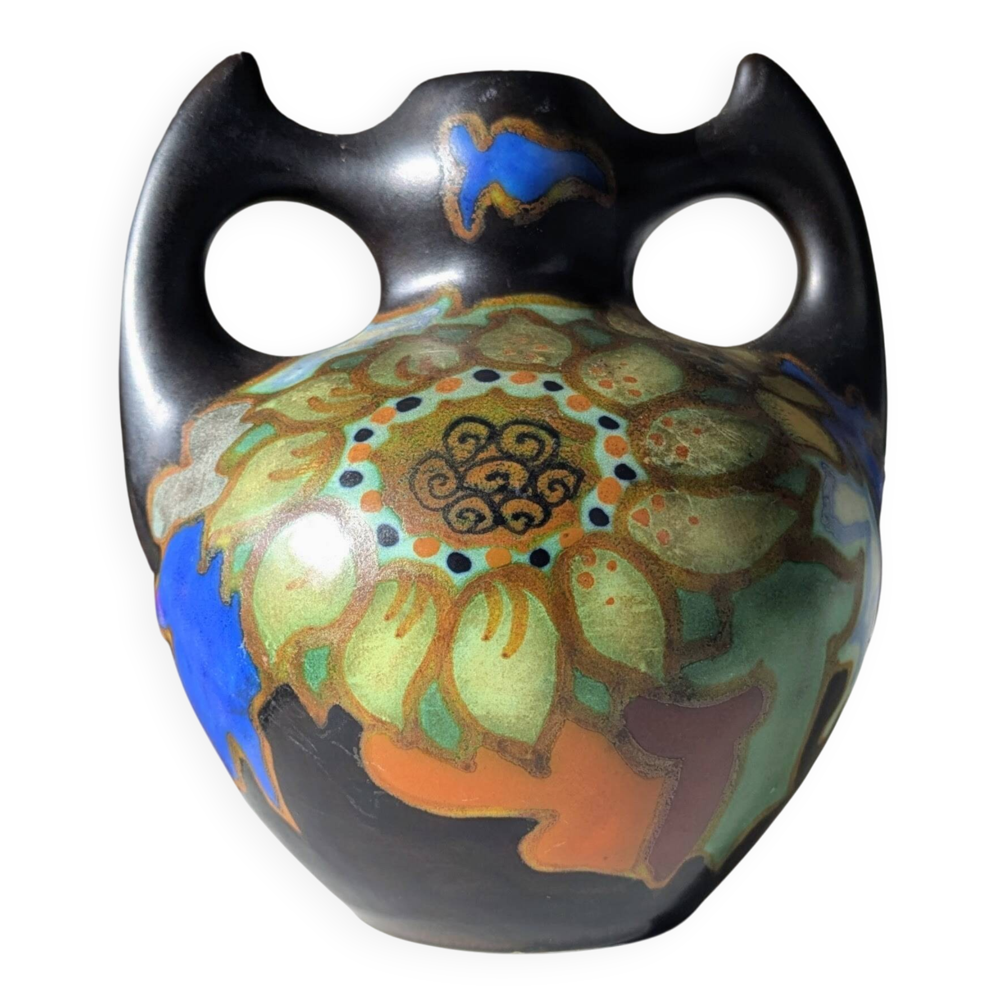 Handled Vase Gouda - Decor "Zonnebloem" (Sunflower) - Netherlands, 1930/50