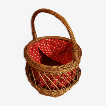 Vintage wicker basket woven red fabric polka dots