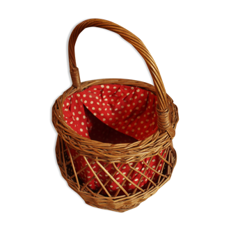 Vintage wicker basket woven red fabric polka dots