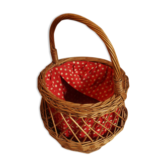 Panier vintage osier tressé tissu rouge pois