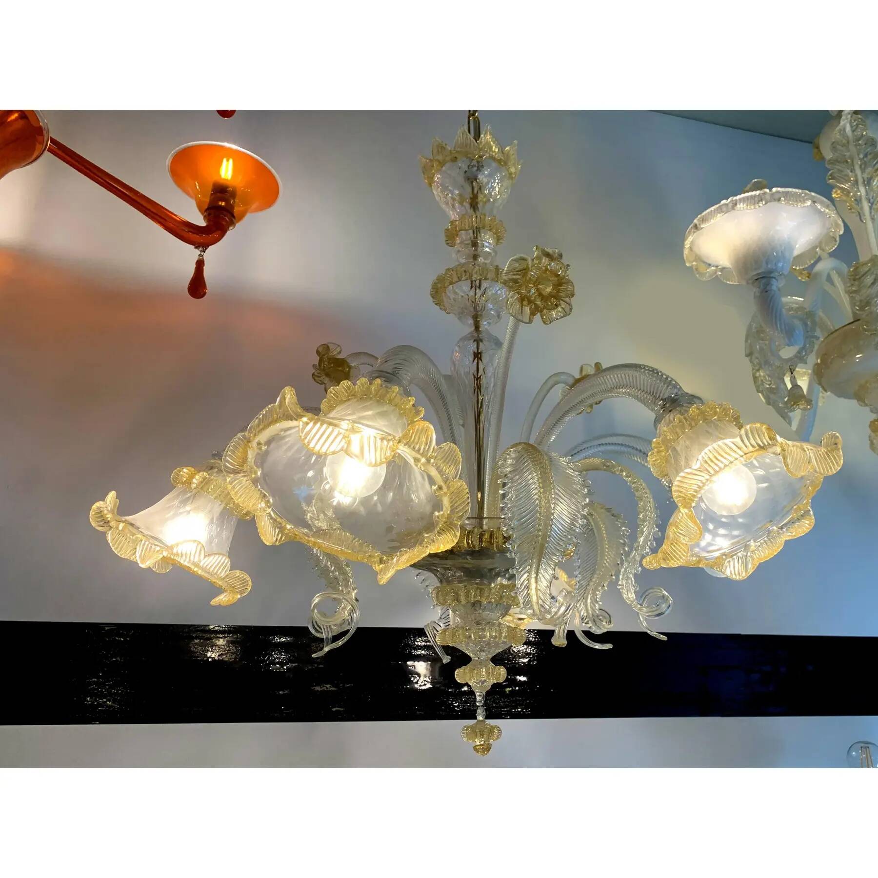 Venetian Murano-Style Glass Chandelier in Transparent and Gold with Flowers
