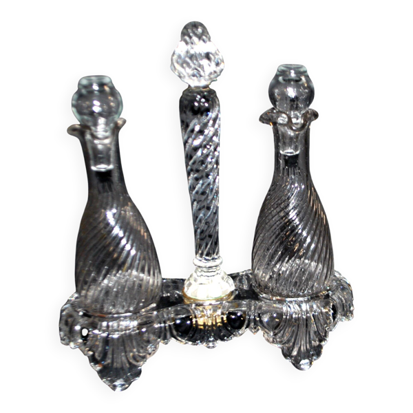 Huilier vinaigrier ancien en cristal moulé bambou torse signé Saint-Louis déposé 1900